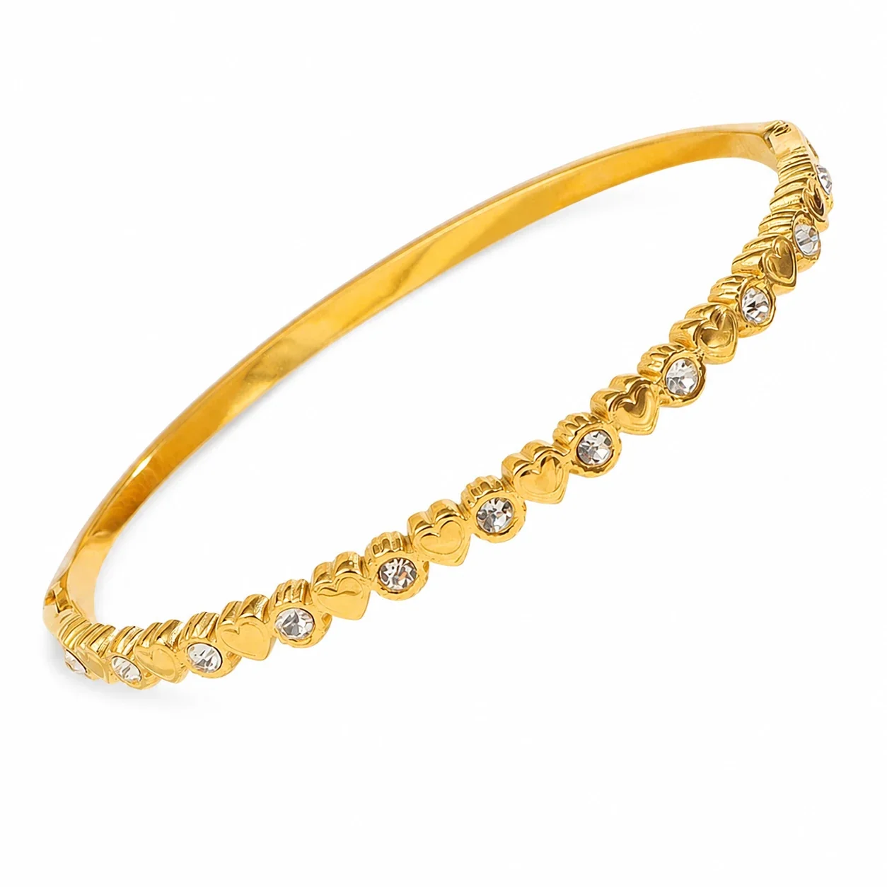 Ornate 18K Gold-Plated Textured CZ Hinged Bangle - Gold Heart CZ