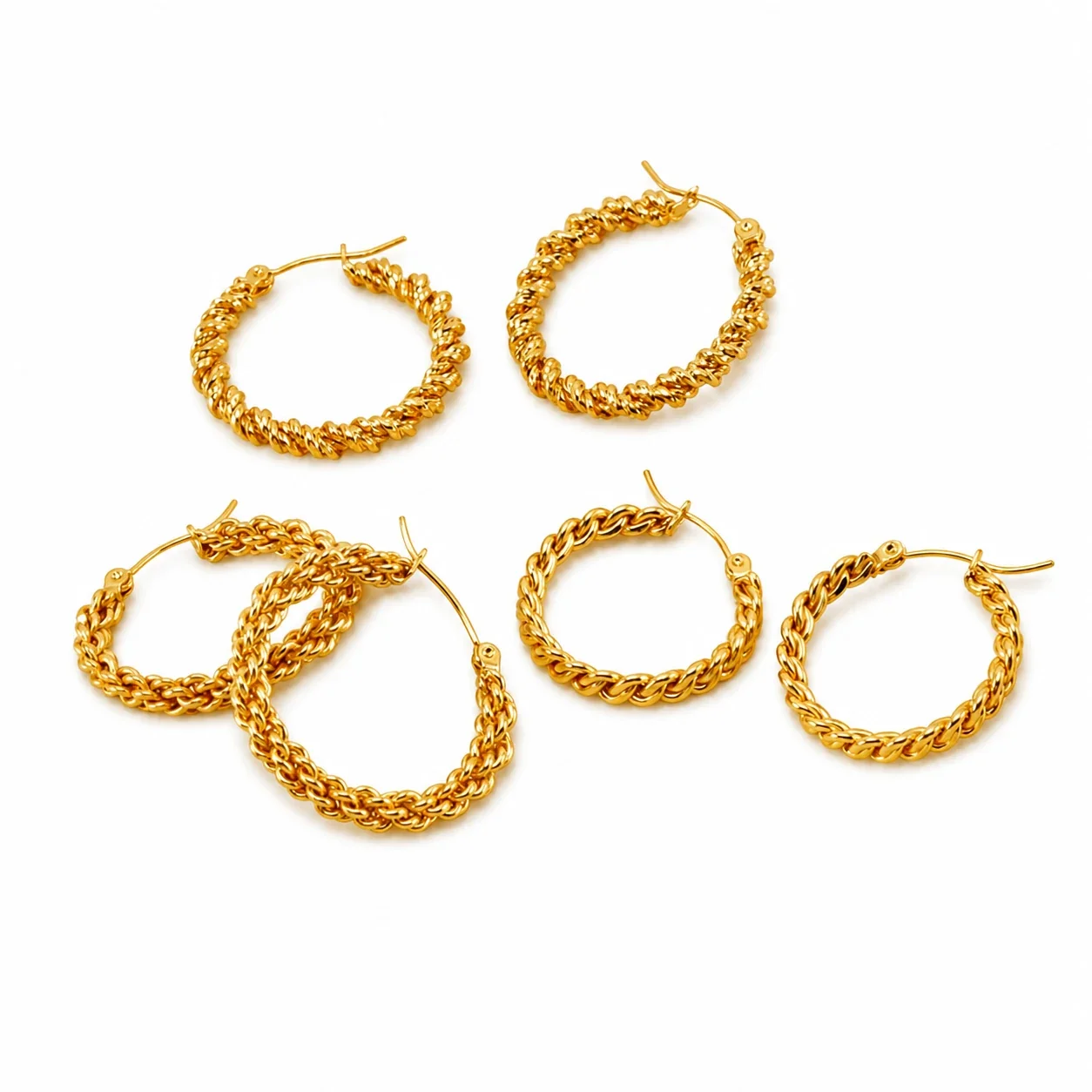Bold Gold-Plated Stainless Steel Rope Chain Round Hoop Earrings