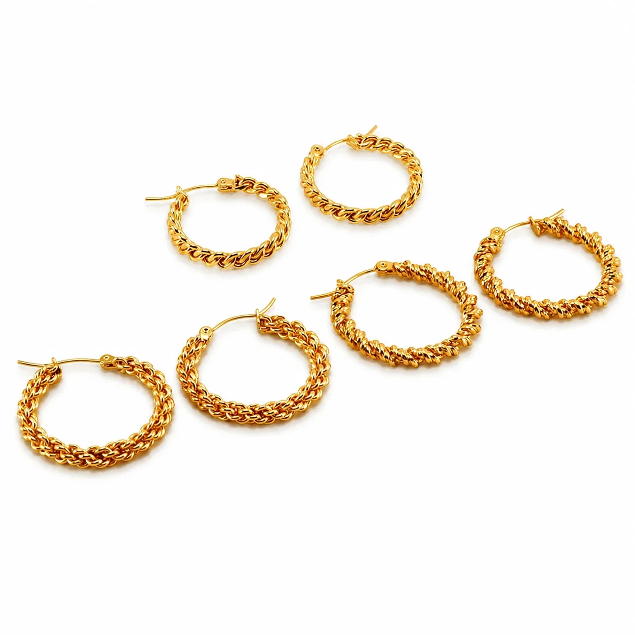 Bold Gold-Plated Stainless Steel Rope Chain Round Hoop Earrings