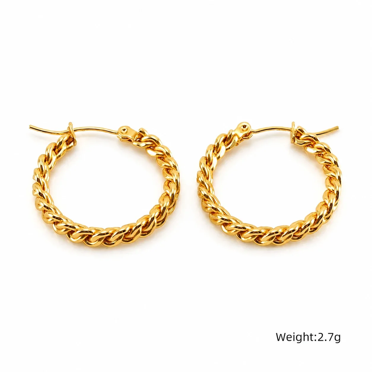 Bold Gold-Plated Stainless Steel Rope Chain Round Hoop Earrings - Gold Curb Link
