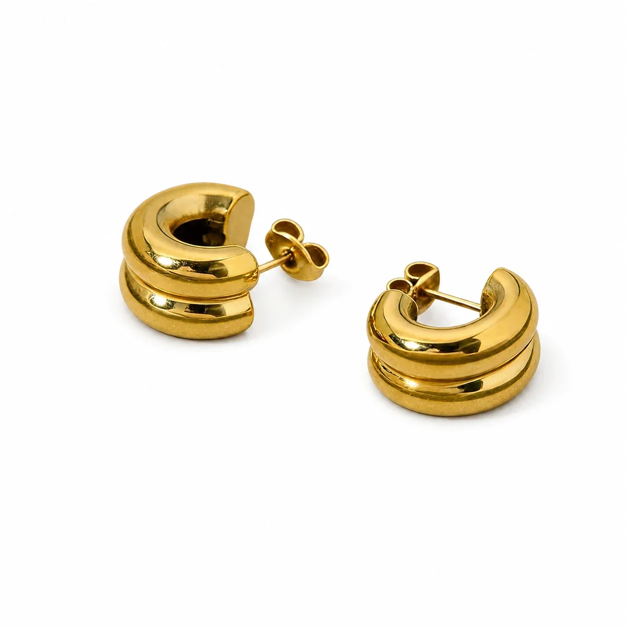 Sculptural Stainless Steel Double-Ridge Hoop Earrings