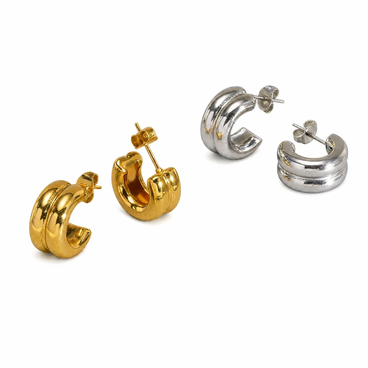 Sculptural Stainless Steel Double-Ridge Hoop Earrings