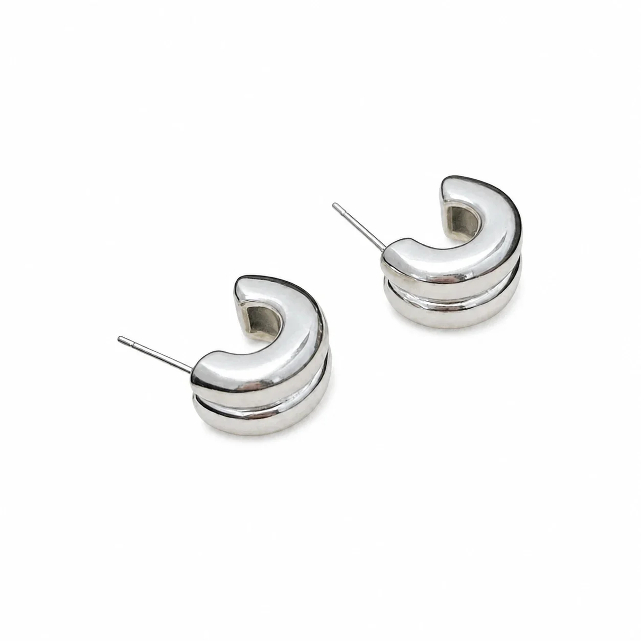 Sculptural Stainless Steel Double-Ridge Hoop Earrings