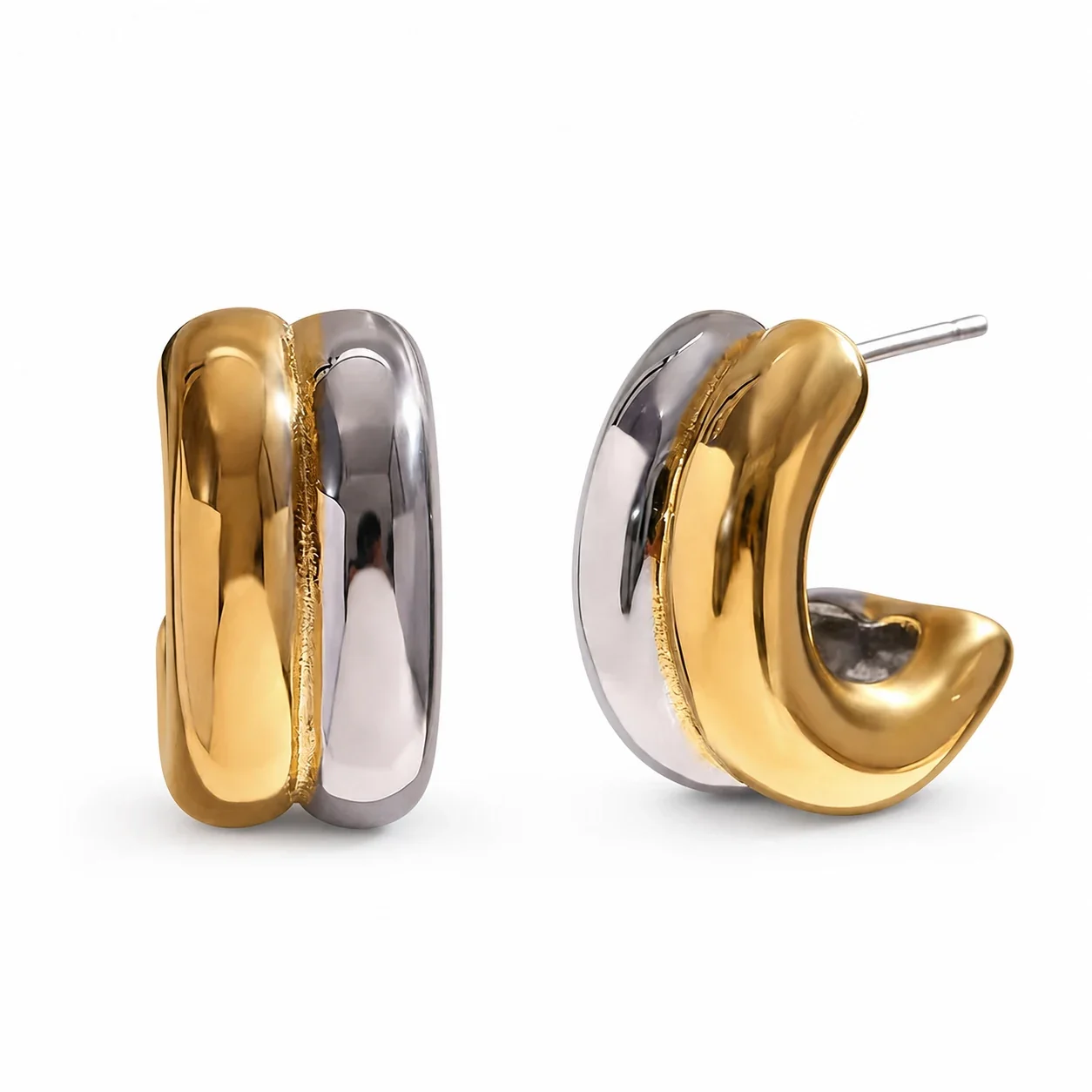 Sculptural Stainless Steel Double-Ridge Hoop Earrings