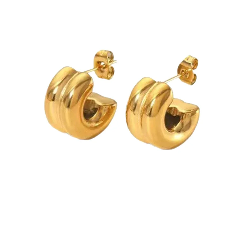 Sculptural Stainless Steel Double-Ridge Hoop Earrings