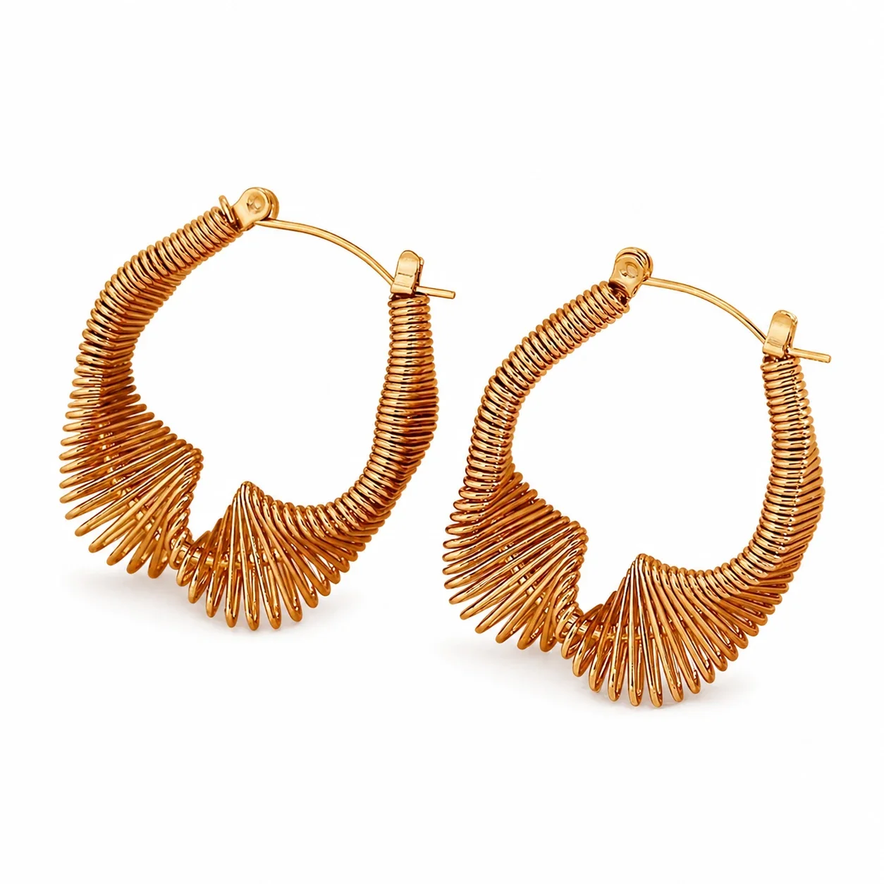 Sculptural Gold-Plated Ribbed Coil Geometric Hoop Earrings