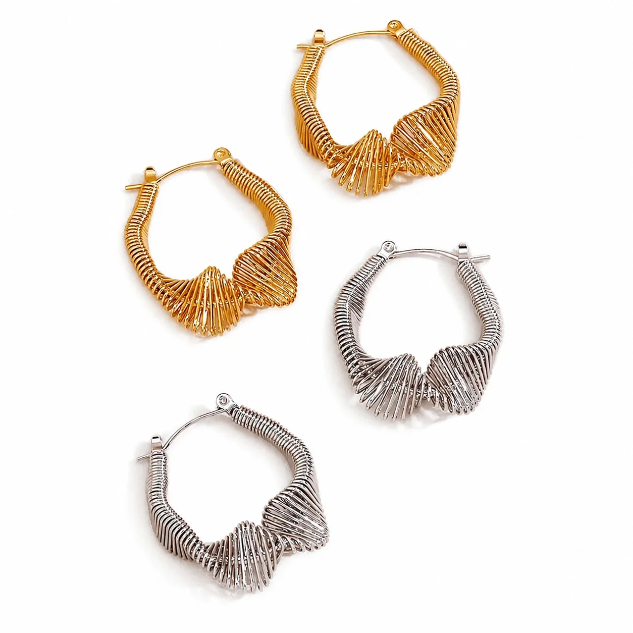 Sculptural Gold-Plated Ribbed Coil Geometric Hoop Earrings