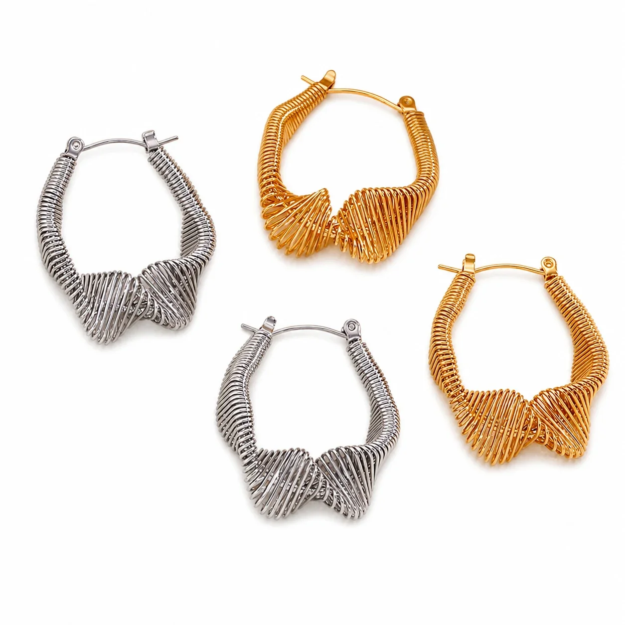 Sculptural Gold-Plated Ribbed Coil Geometric Hoop Earrings