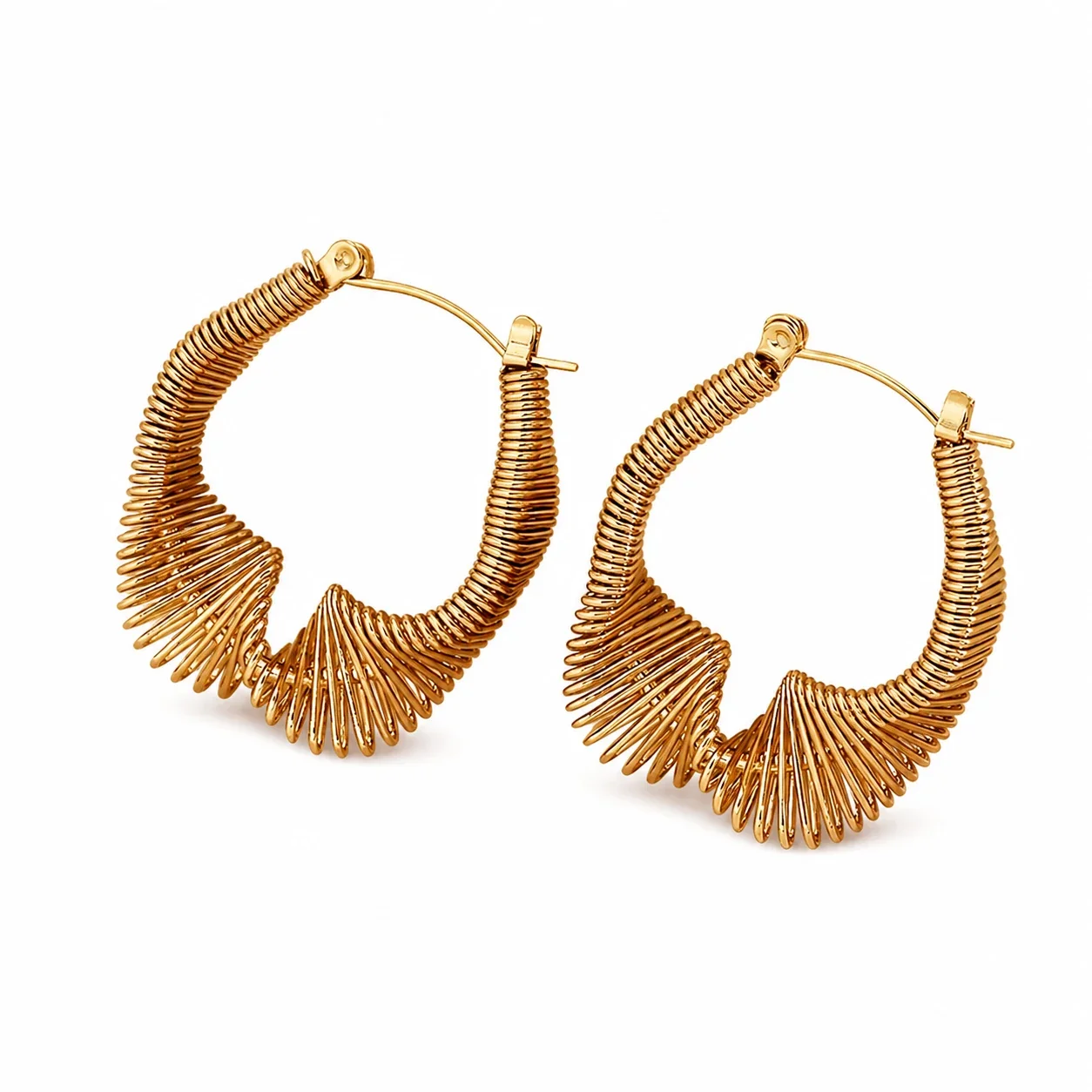 Sculptural Gold-Plated Ribbed Coil Geometric Hoop Earrings - Gold