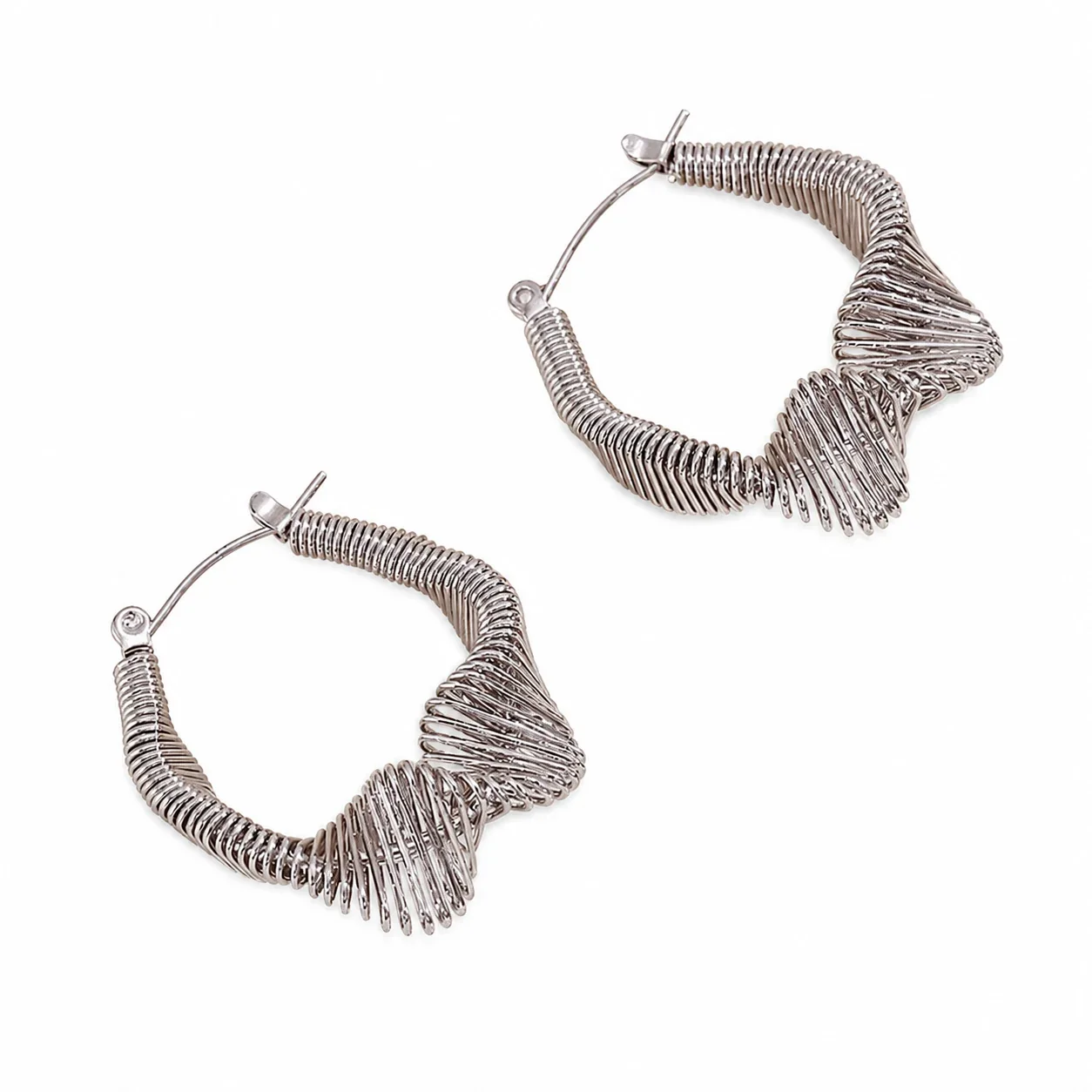 Sculptural Gold-Plated Ribbed Coil Geometric Hoop Earrings - Silver