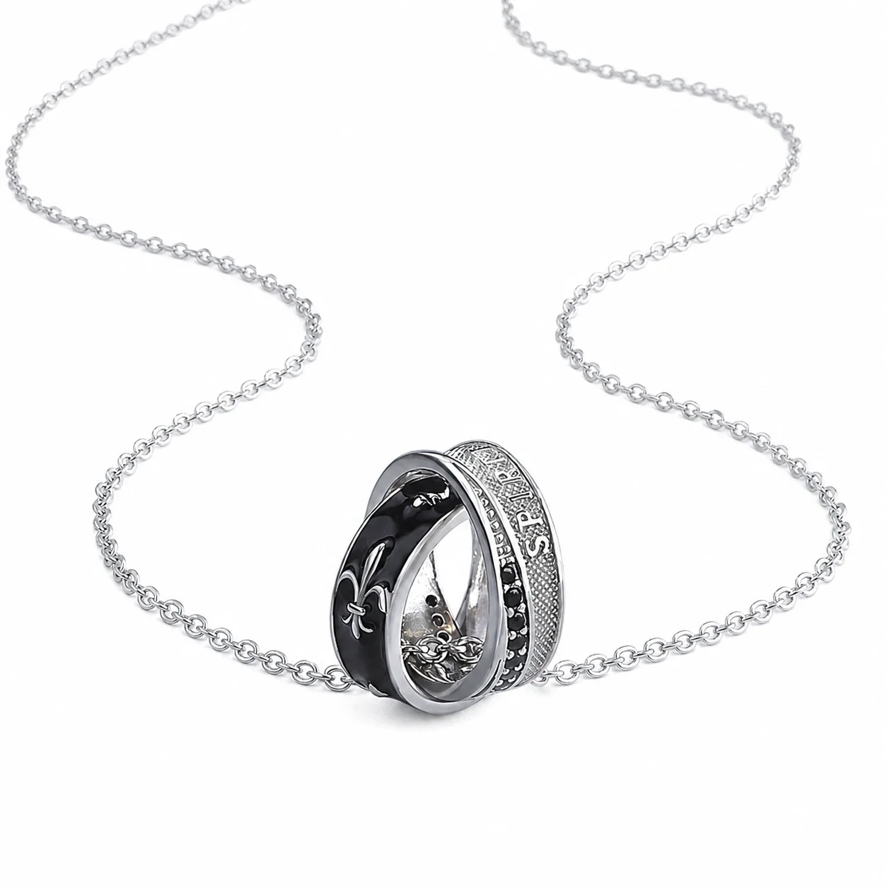 Silver-Plated Double Ring Fleur-de-Lis Pendant Necklace