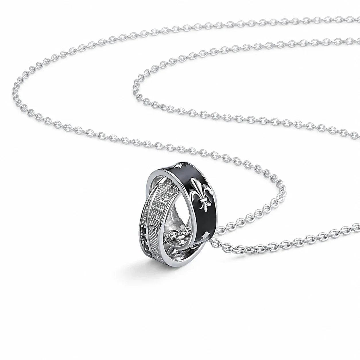 Silver-Plated Double Ring Fleur-de-Lis Pendant Necklace