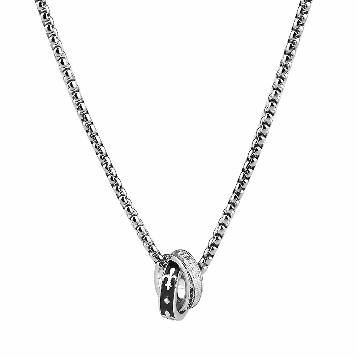Silver-Plated Double Ring Fleur-de-Lis Pendant Necklace