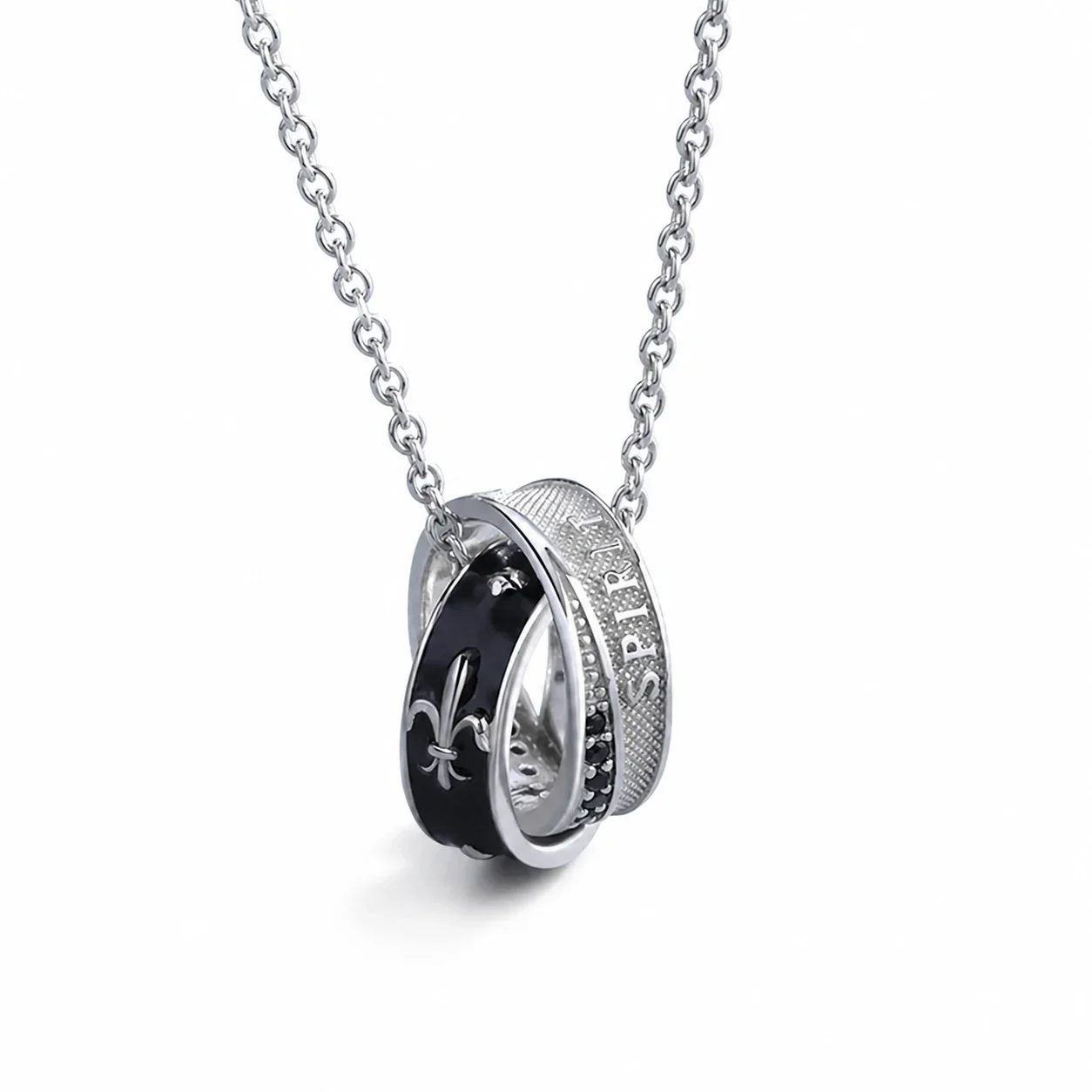 Silver-Plated Double Ring Fleur-de-Lis Pendant Necklace