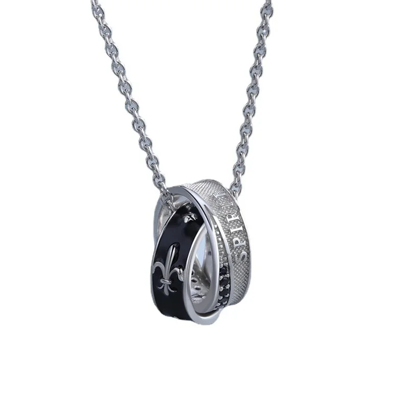 Silver-Plated Double Ring Fleur-de-Lis Pendant Necklace