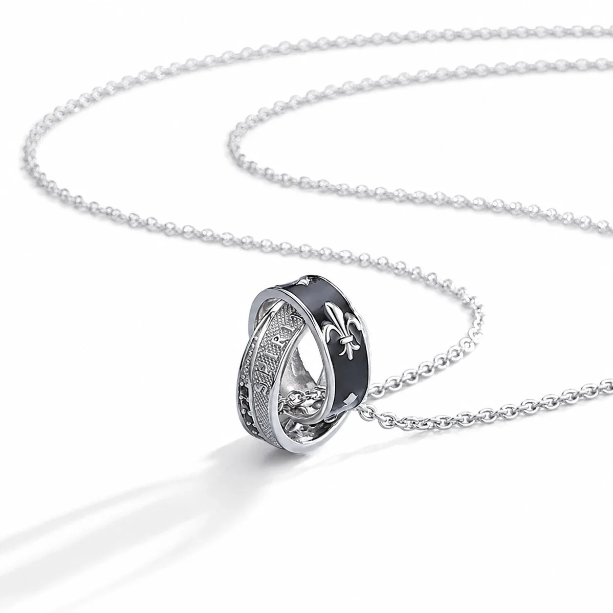 Silver-Plated Double Ring Fleur-de-Lis Pendant Necklace - cm Box