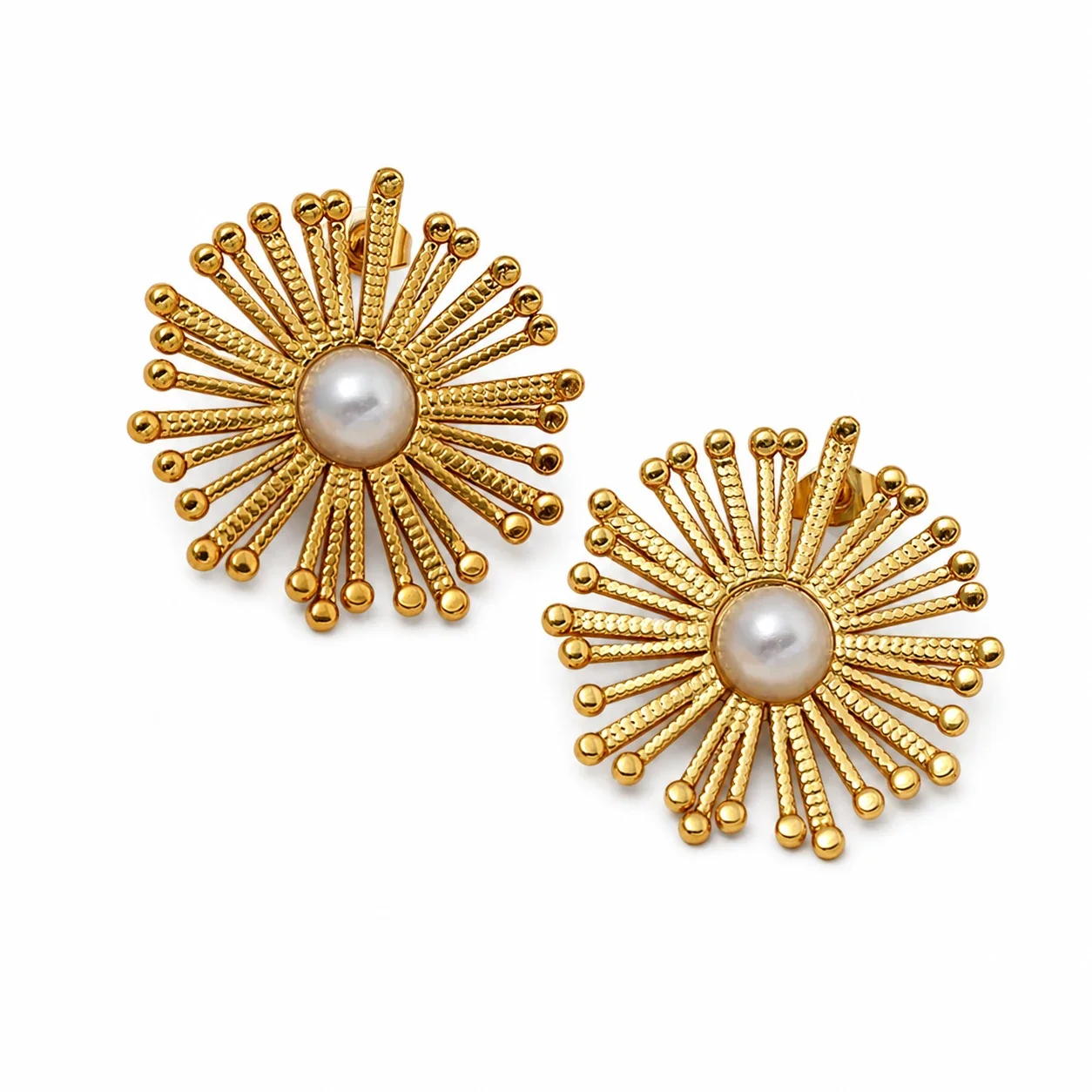 Radiant Gold-Plated Pearl Sunburst Bead Stud Earrings