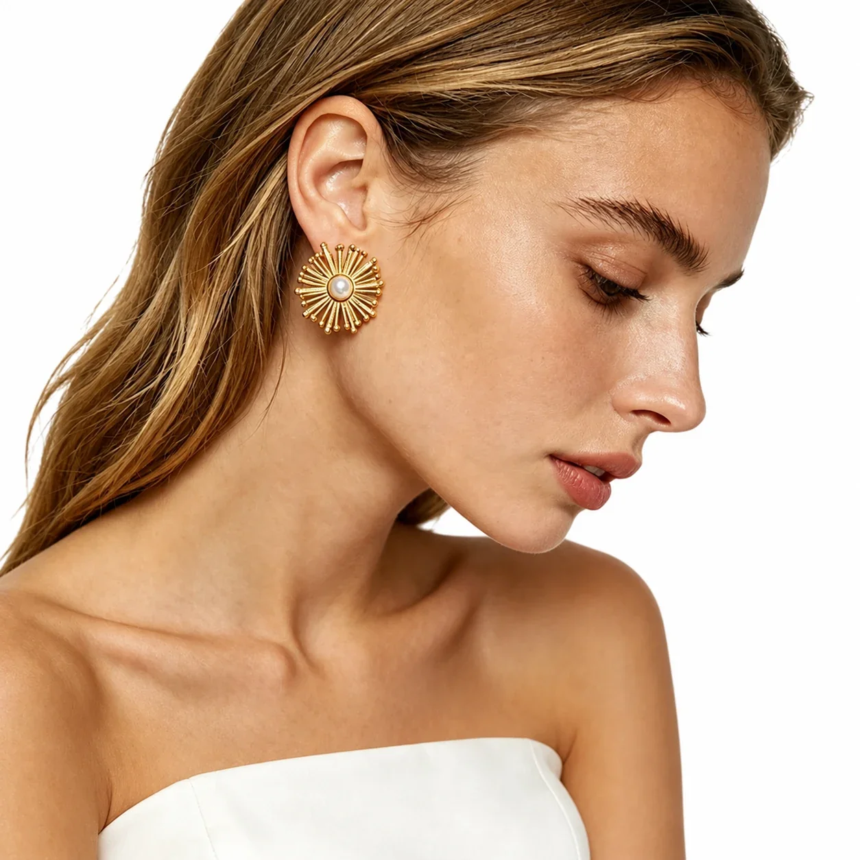 Radiant Gold-Plated Pearl Sunburst Bead Stud Earrings