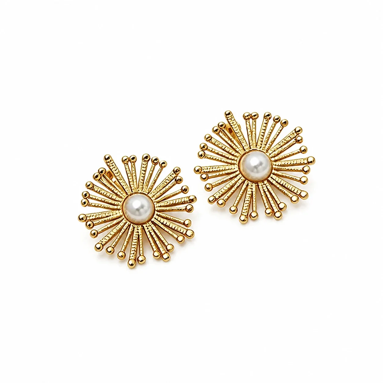 Radiant Gold-Plated Pearl Sunburst Bead Stud Earrings