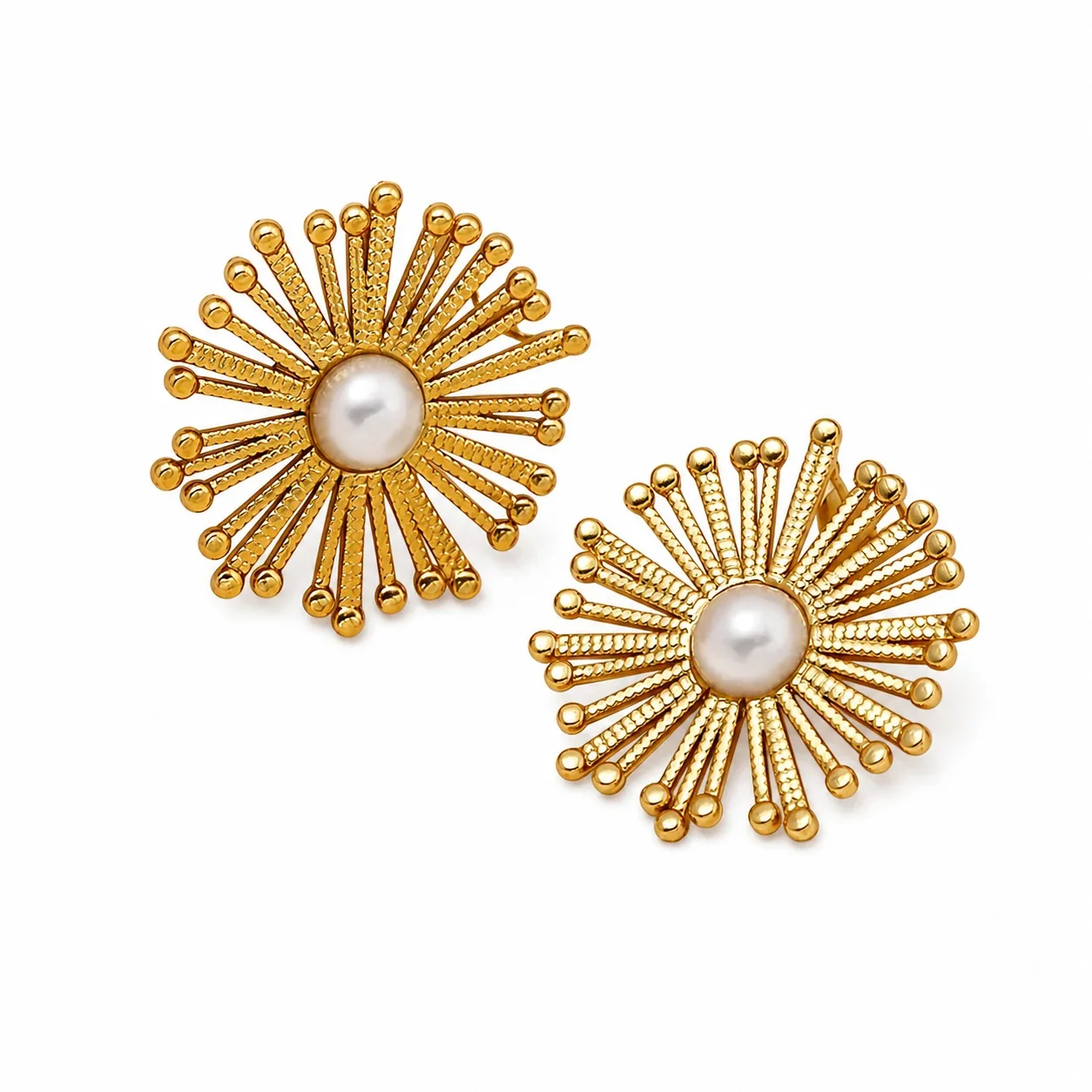 Radiant Gold-Plated Pearl Sunburst Bead Stud Earrings