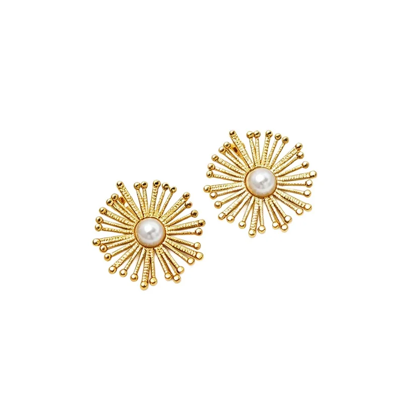 Radiant Gold-Plated Pearl Sunburst Bead Stud Earrings