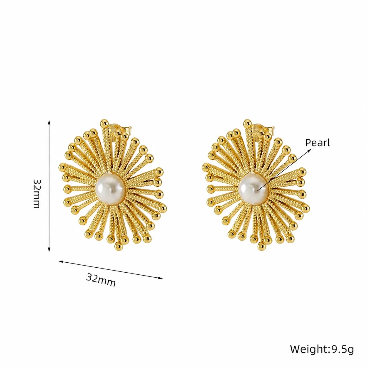 Radiant Gold-Plated Pearl Sunburst Bead Stud Earrings - Gold