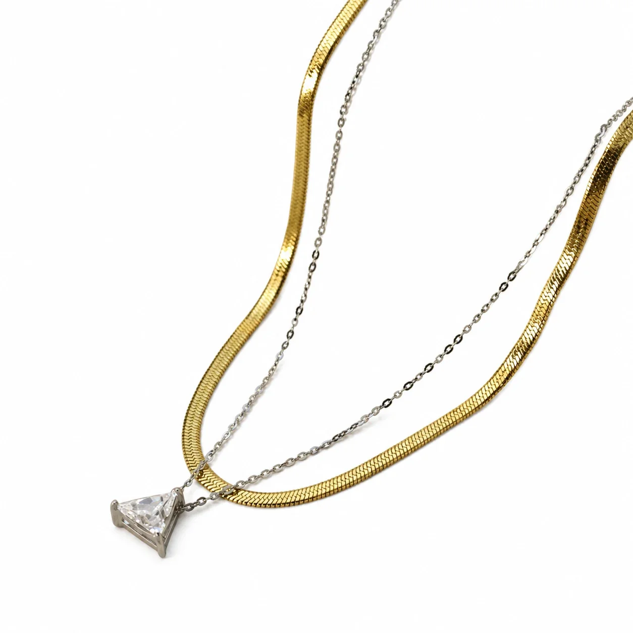 Architectural Stainless Steel Triangle CZ Pendant Necklace