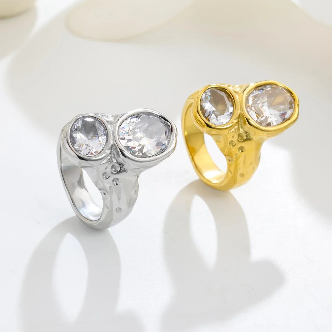 Ring with Dual Oval Bezel-Set Crystals, Stainless Steel