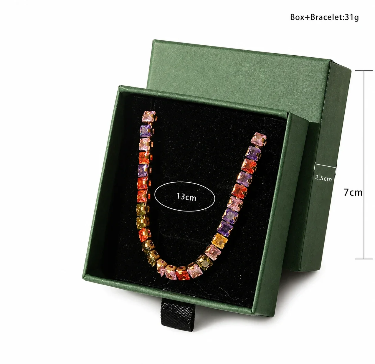 Vivid Gold-Plated Emerald-Cut CZ Slider Bracelet - Gold Rainbow CZ 4x4 Boxed