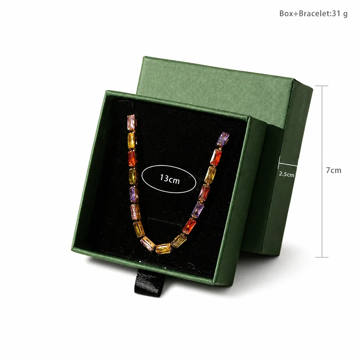 Vivid Gold-Plated Emerald-Cut CZ Slider Bracelet - Gold Rainbow CZ 3x6 Boxed