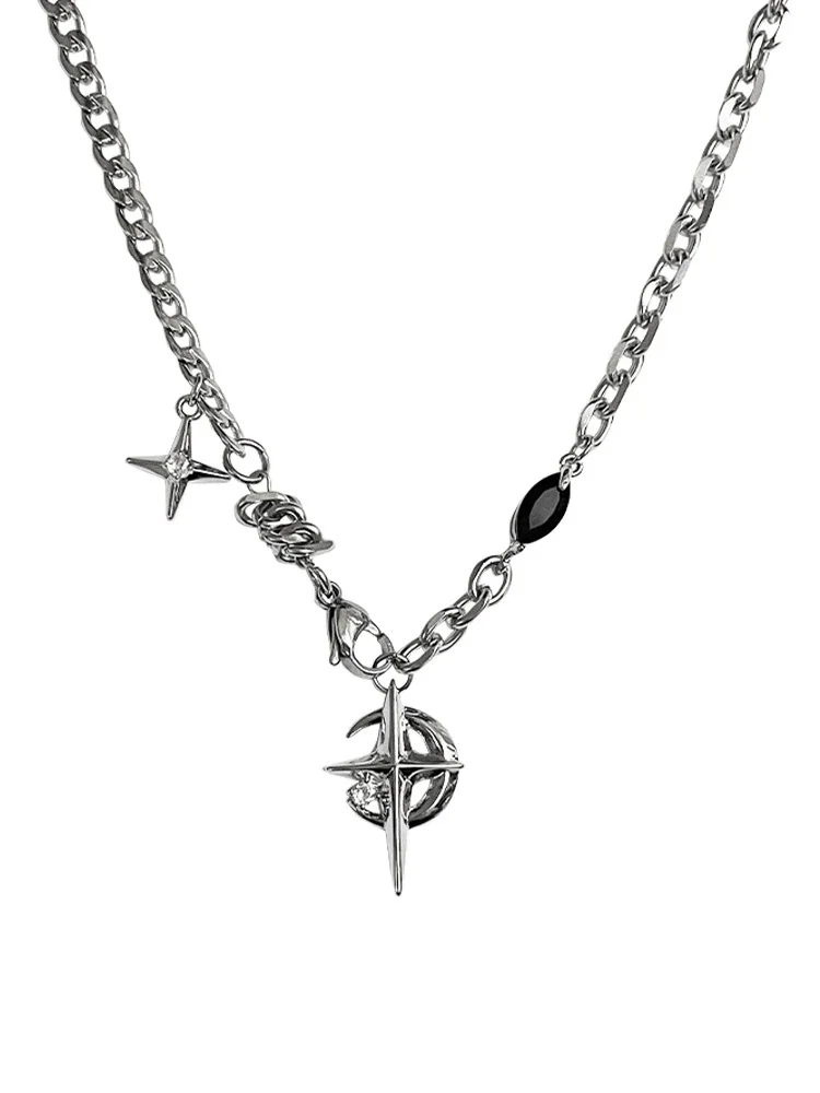 Edgy Stainless Steel Silver-Plated Star Charm Chain Necklace - Silver / Black