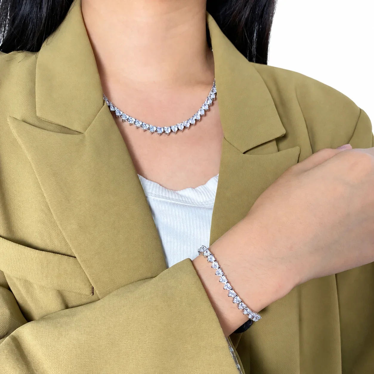 Heart-Cut Cubic Zirconia Tennis Bracelet, Stainless Steel