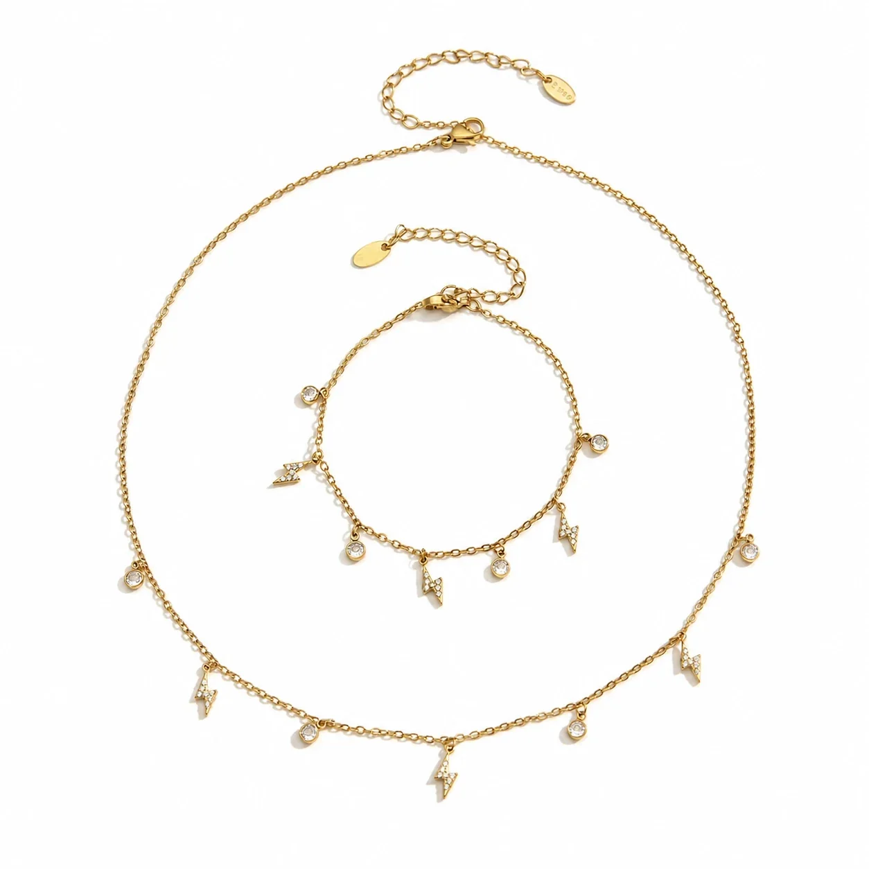 Delicate Gold PVD 316L Stainless Steel Lightning CZ Charm Jewelry Set