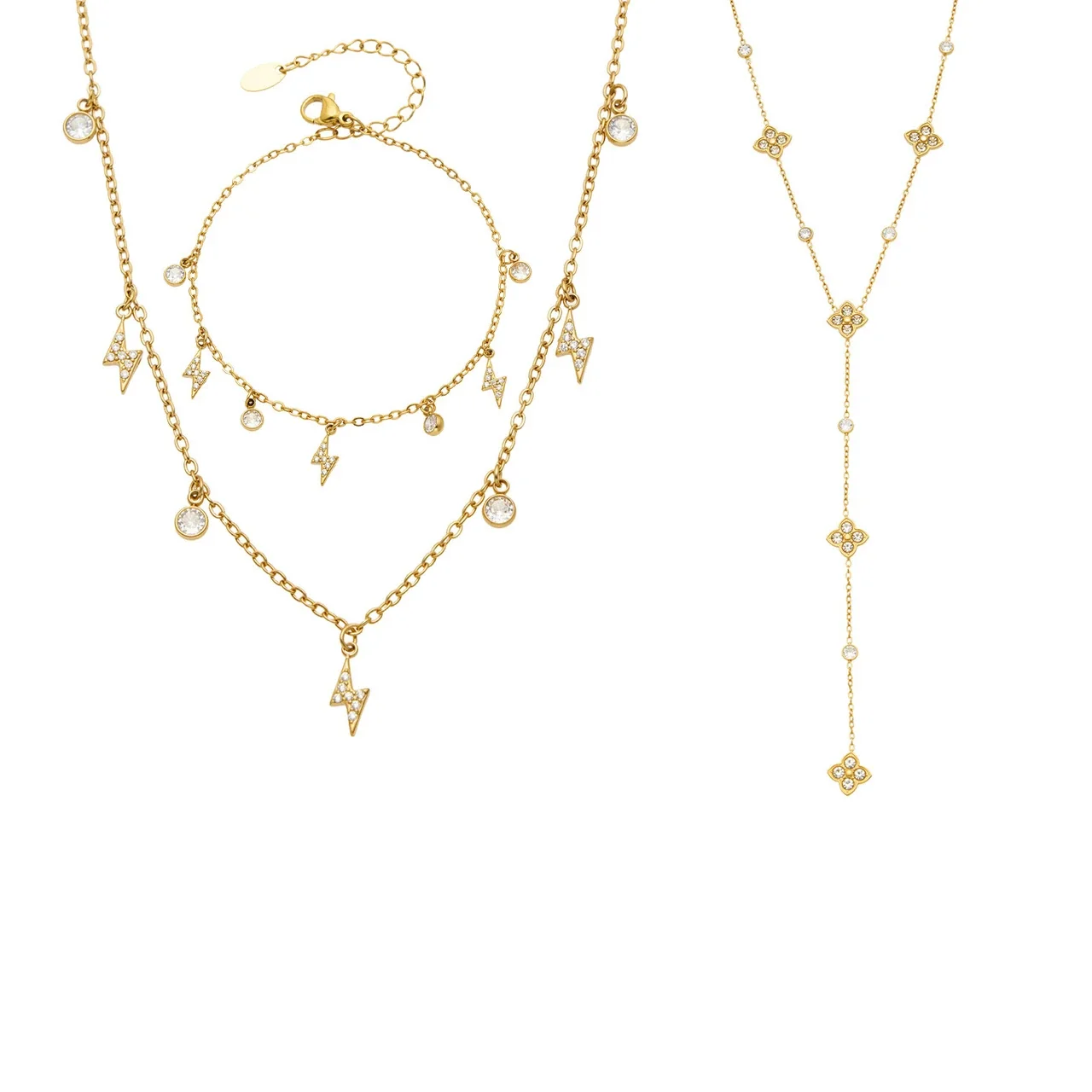 Delicate Gold-Plated 316L Lightning CZ Charm Jewelry Set