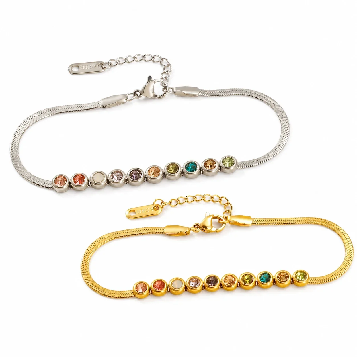 Vivid Stainless Steel Herringbone Bezel Crystal Bracelet