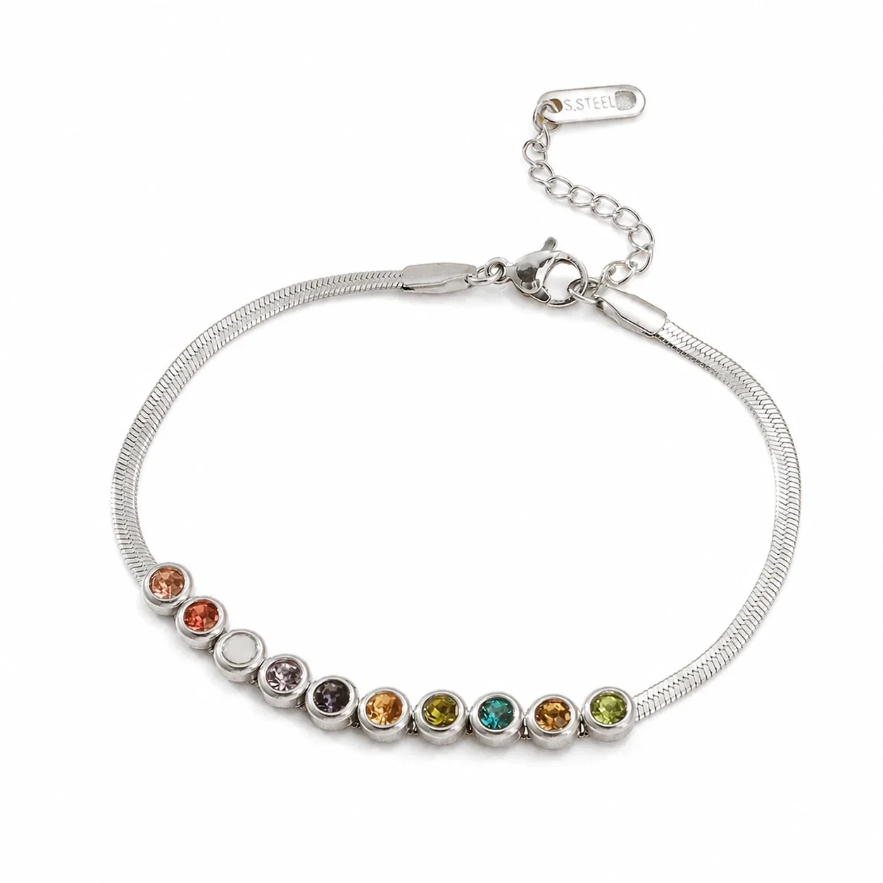 Vivid Stainless Steel Herringbone Bezel Crystal Bracelet