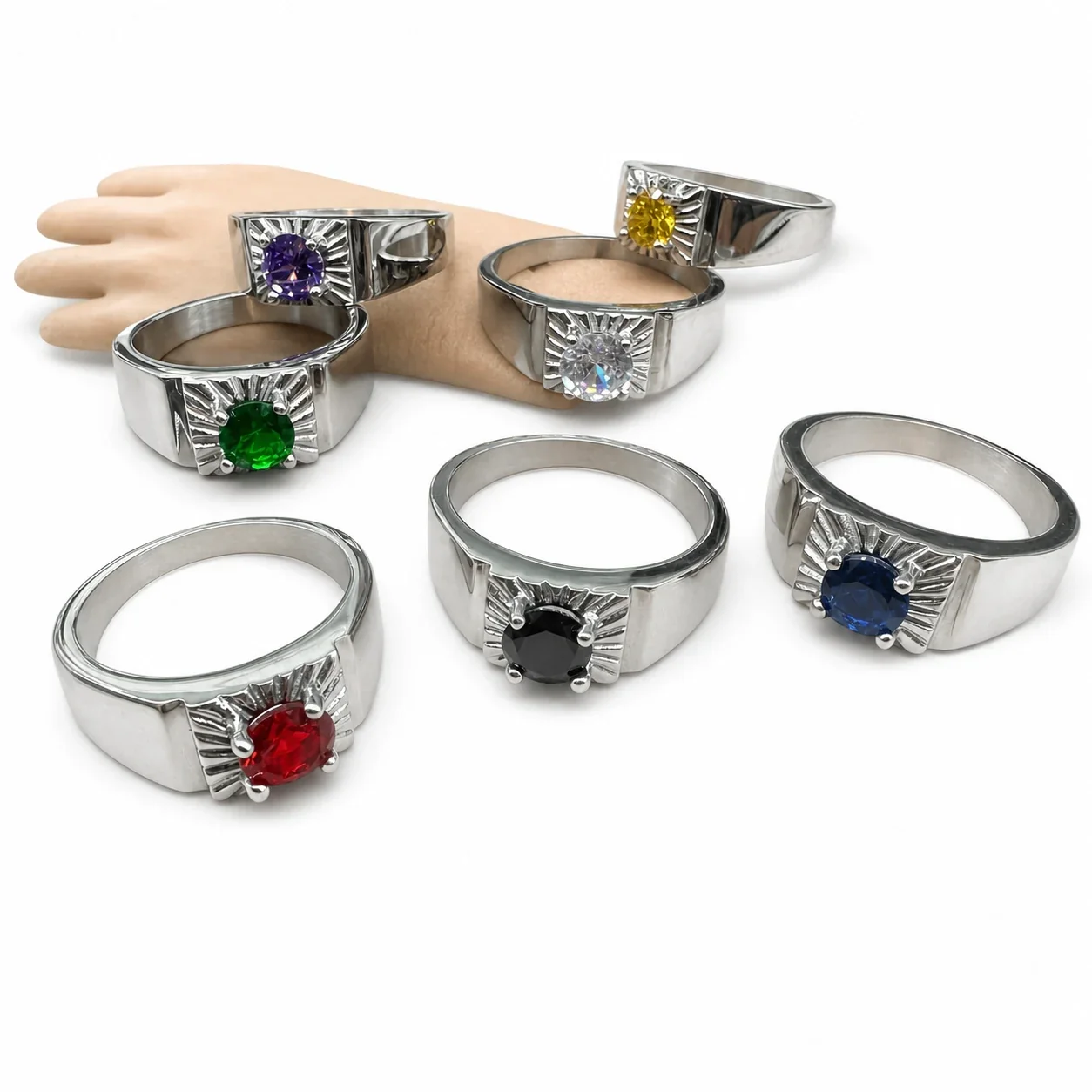 Bold 316 Stainless Steel Sunburst CZ Signet Ring