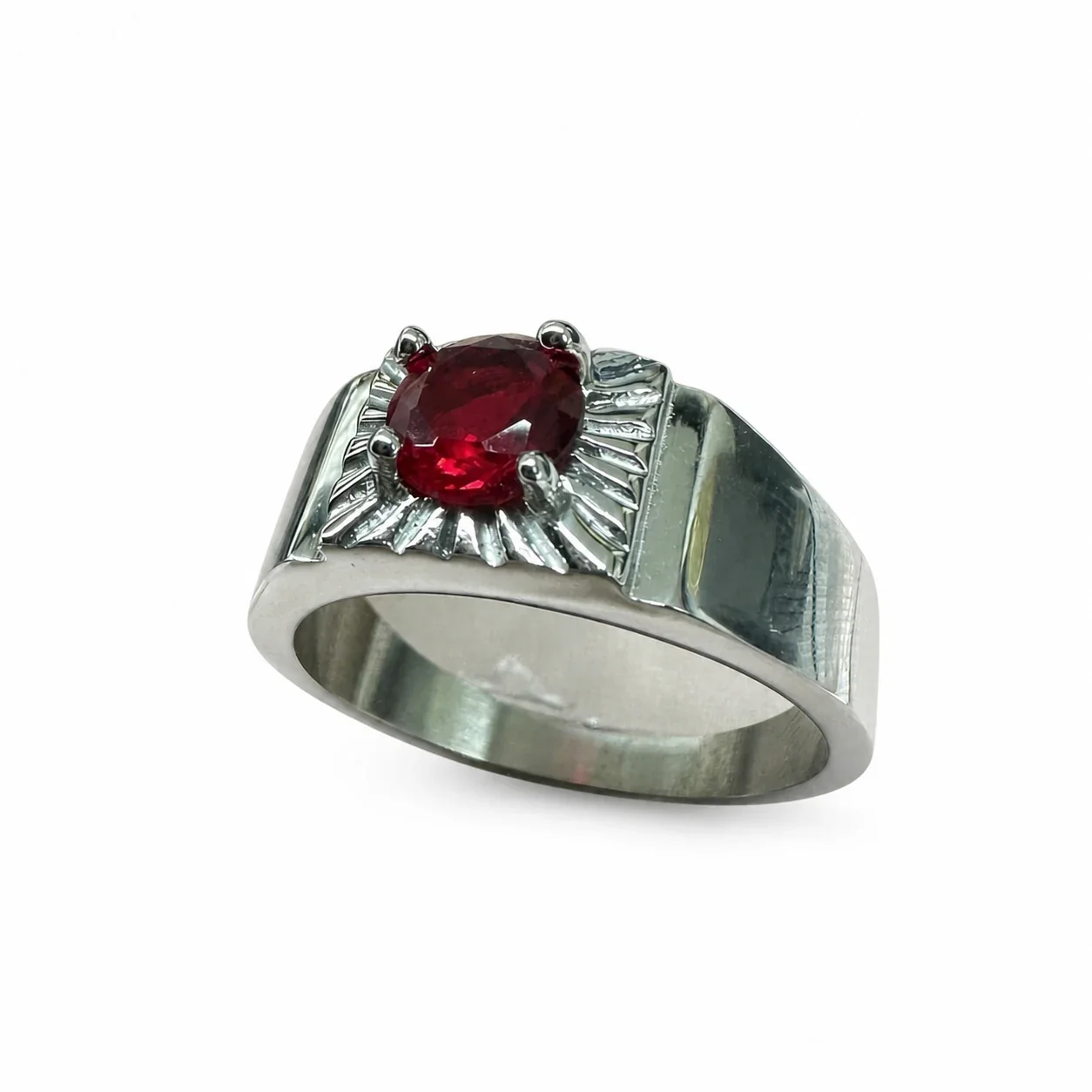 Bold 316 Stainless Steel Sunburst CZ Signet Ring - Red