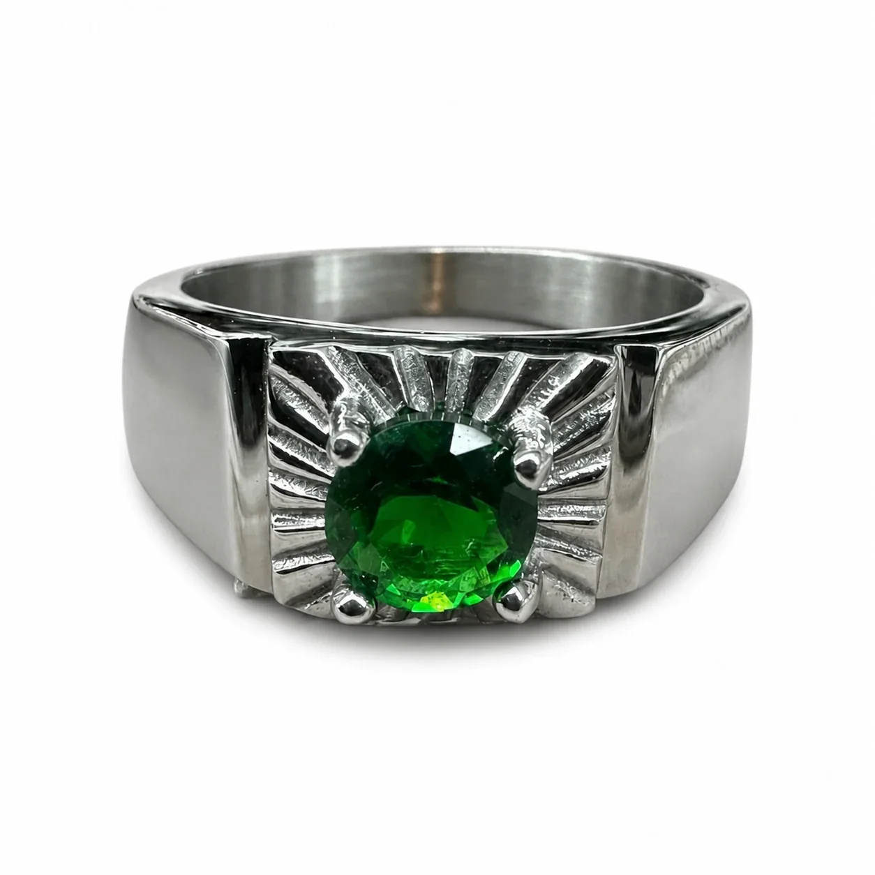 Bold 316 Stainless Steel Sunburst CZ Signet Ring - Green