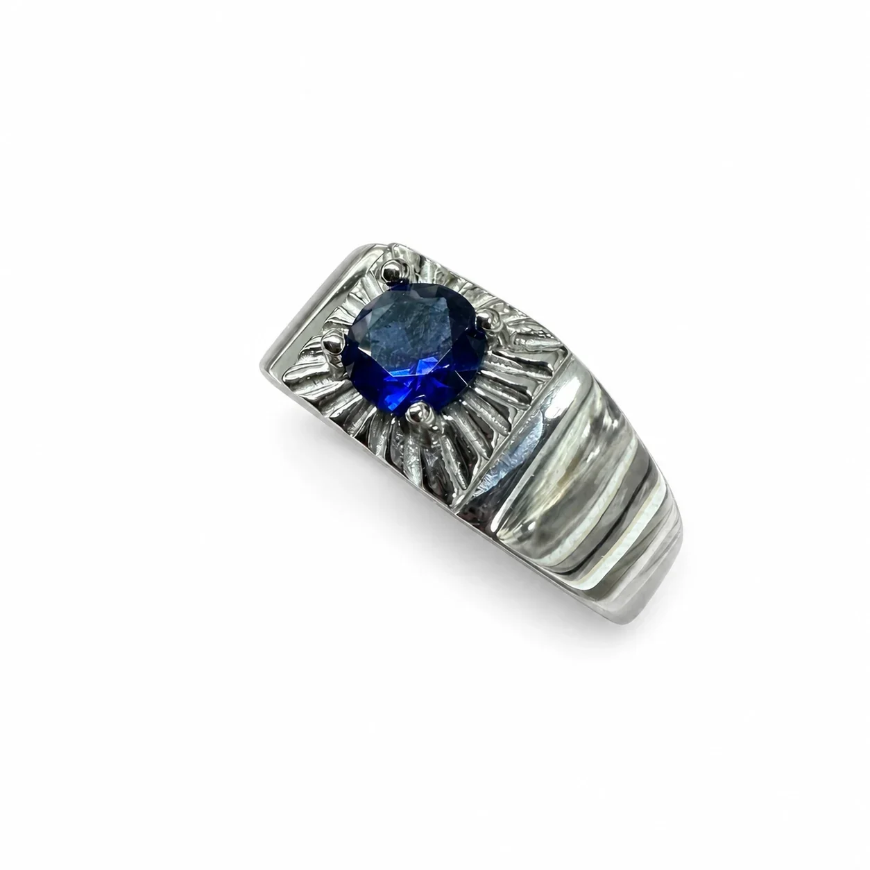 Bold 316 Stainless Steel Sunburst CZ Signet Ring - Blue