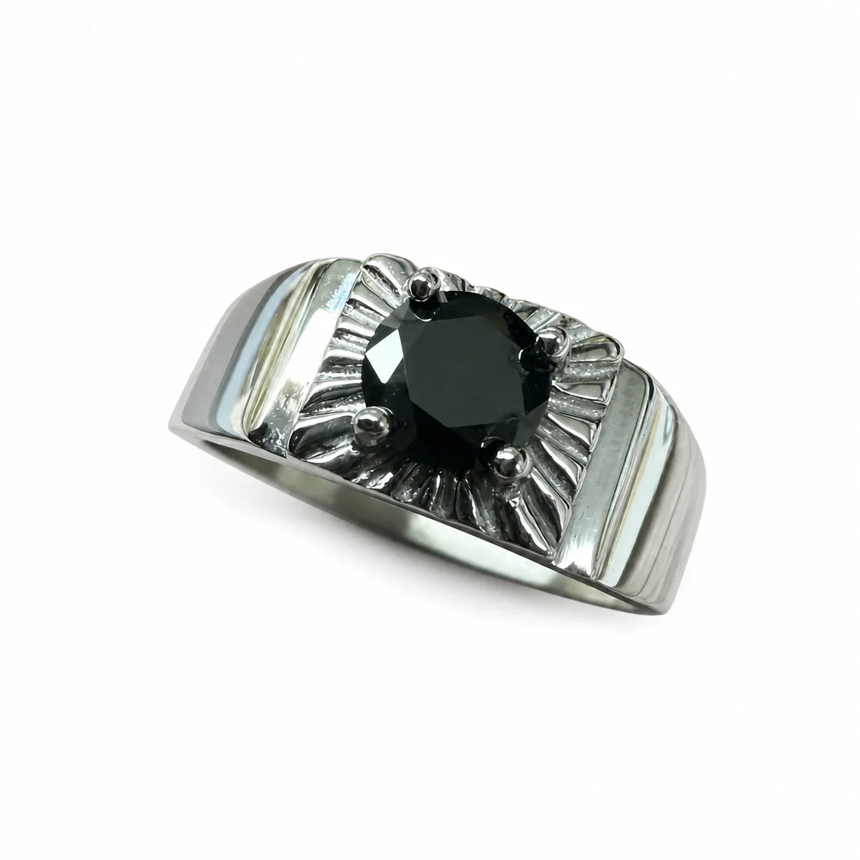 Bold 316 Stainless Steel Sunburst CZ Signet Ring - Black