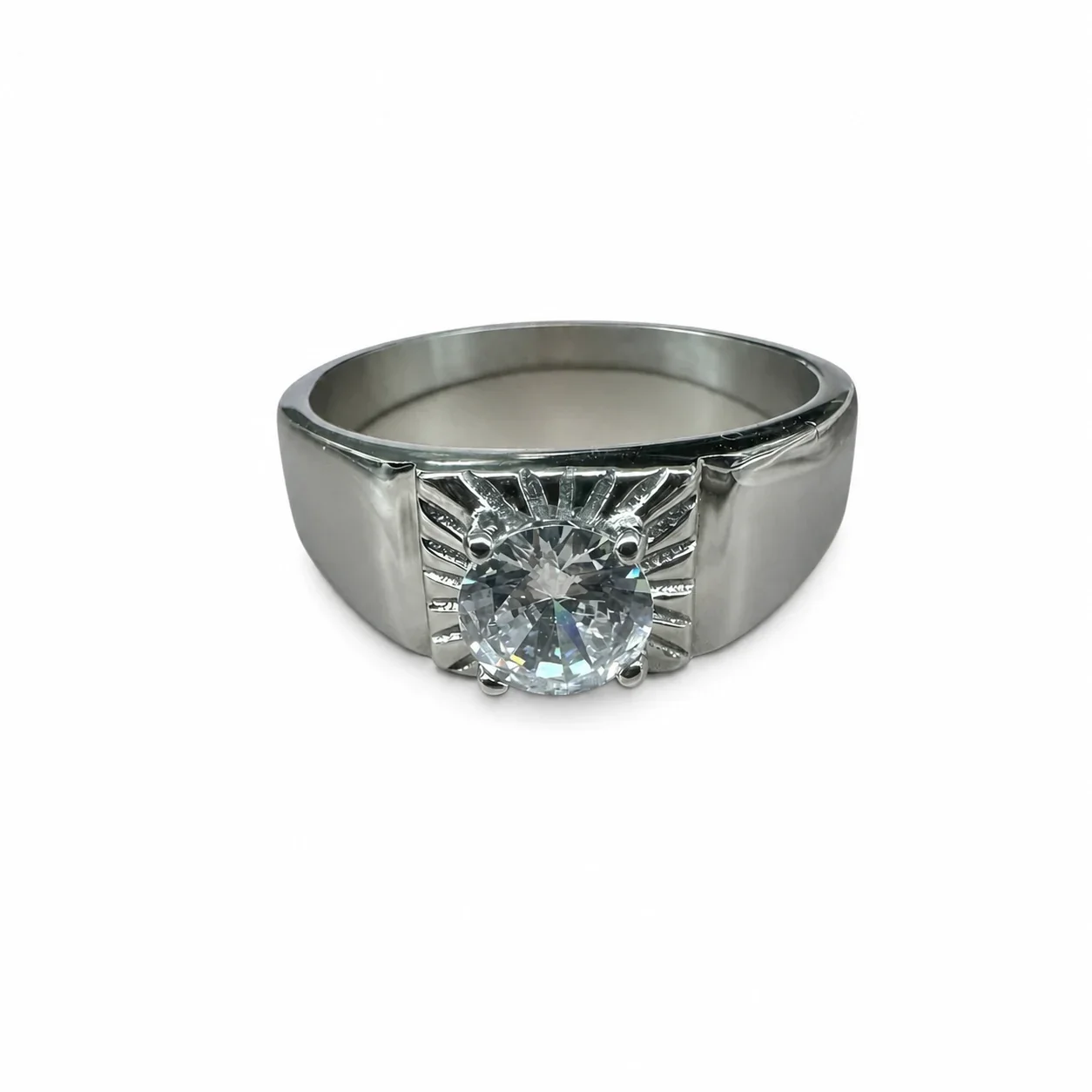 Bold 316 Stainless Steel Sunburst CZ Signet Ring - Clear