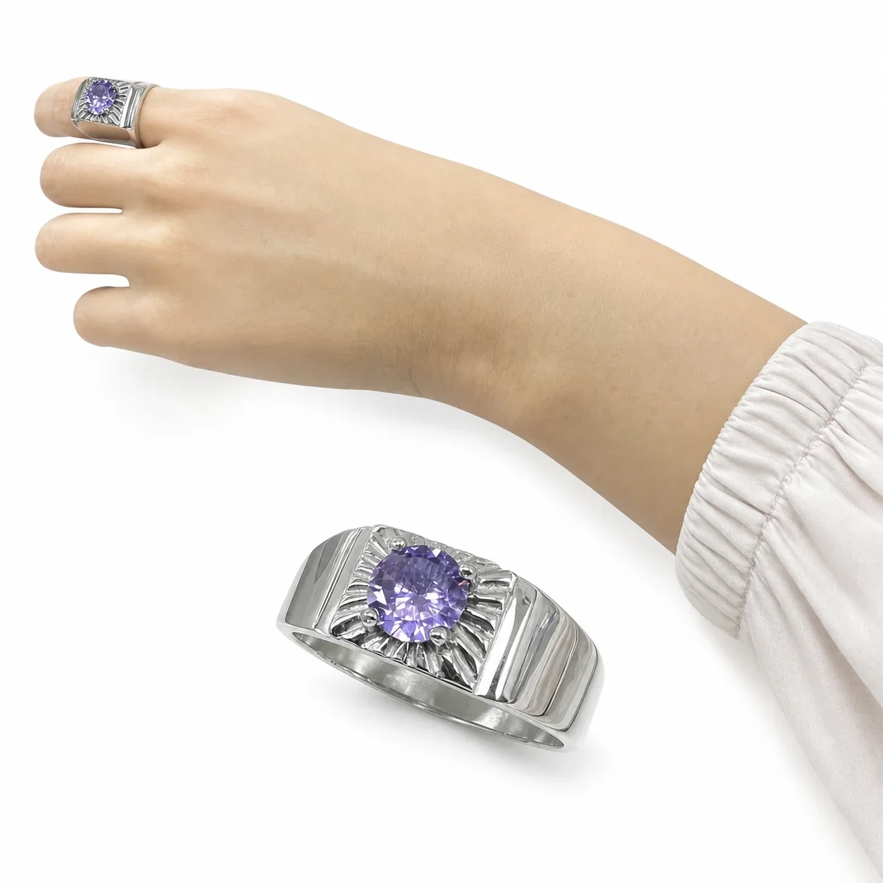 Bold 316 Stainless Steel Sunburst CZ Signet Ring - Purple