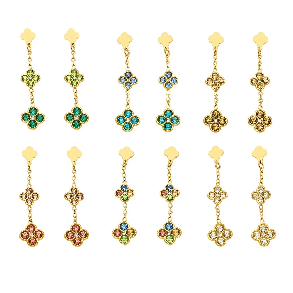 Radiant 18K Gold PVD Double Clover CZ Drop Earrings