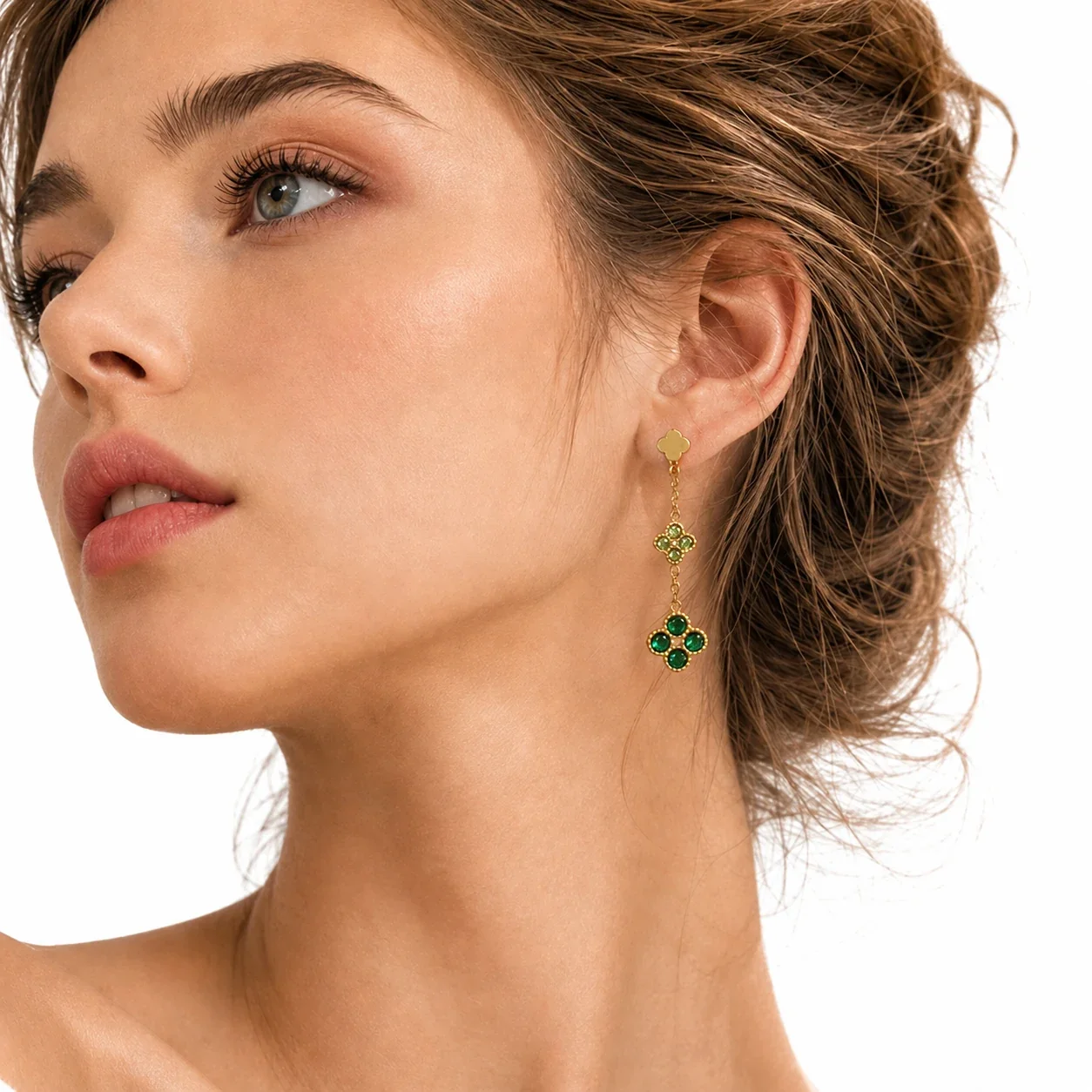 Radiant 18K Gold PVD Double Clover CZ Drop Earrings
