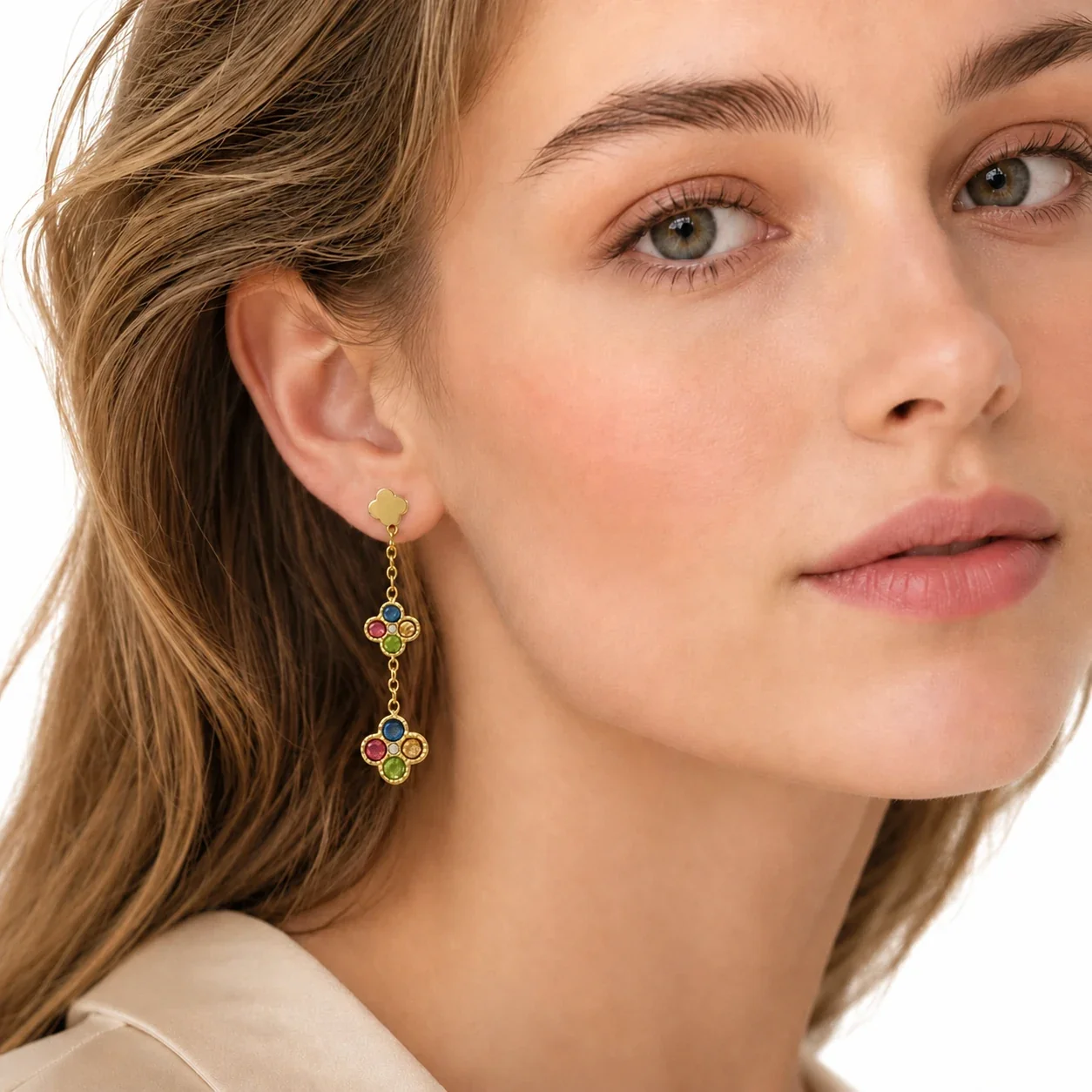 Radiant 18K Gold PVD Double Clover CZ Drop Earrings