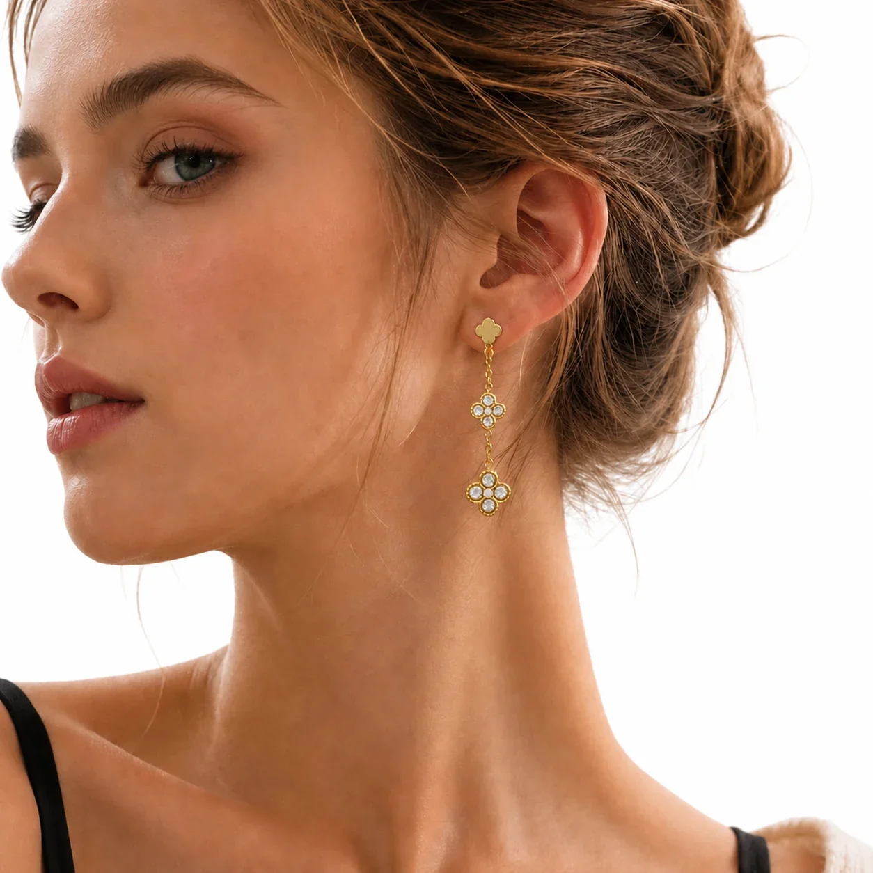 Radiant 18K Gold PVD Double Clover CZ Drop Earrings