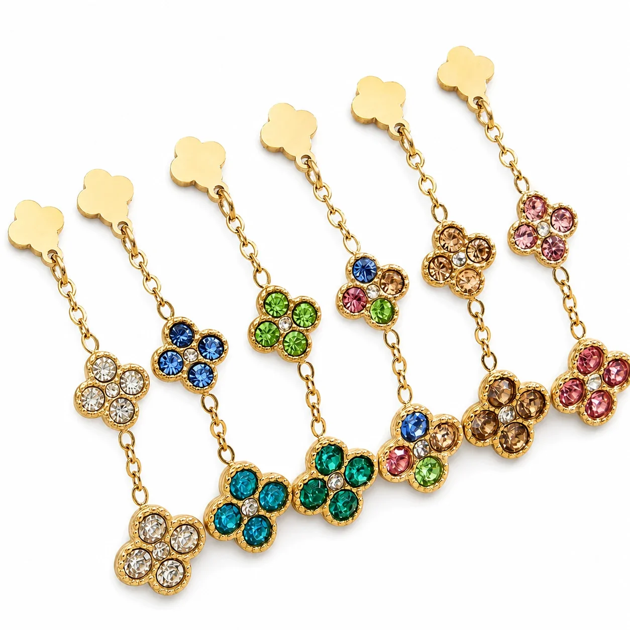 Radiant 18K Gold PVD Double Clover CZ Drop Earrings