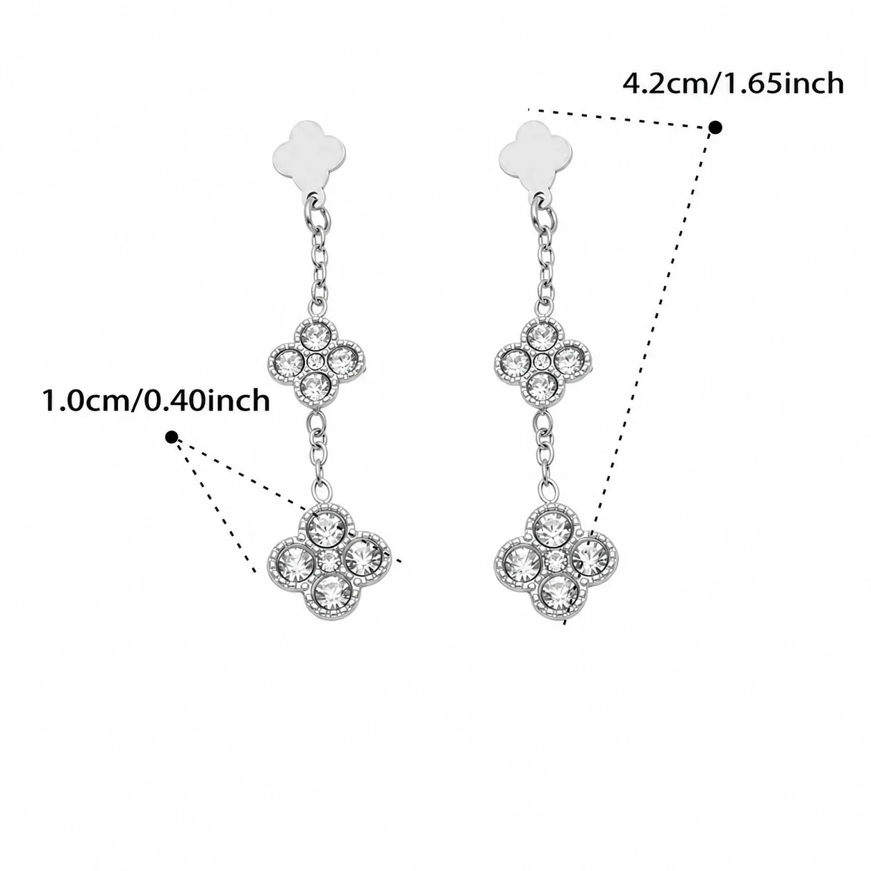 Radiant 18K Gold PVD Double Clover CZ Drop Earrings - Silver White CZ