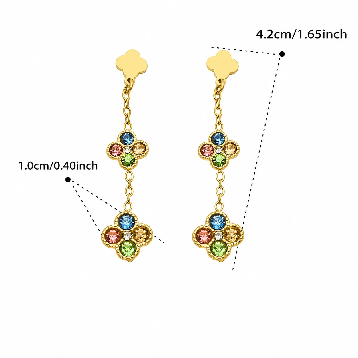 Radiant 18K Gold PVD Double Clover CZ Drop Earrings - Gold Multicolor CZ